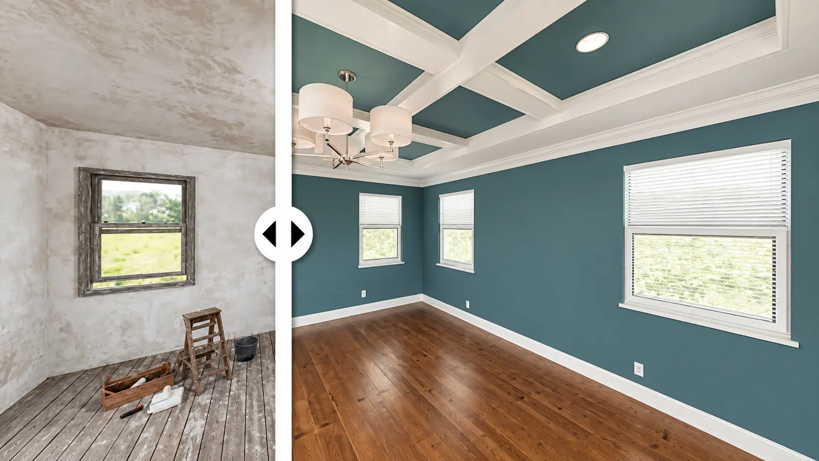 Before-and-after room transformation with teal walls and detailed white ceiling trim