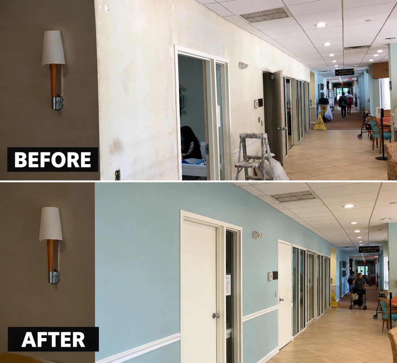 Commercial hallway painting before and after